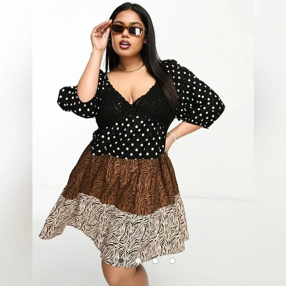ASOS DESIGN crochet tiered babydoll mini dress in mixed animal print SZ 2O - Picture 2 of 9
